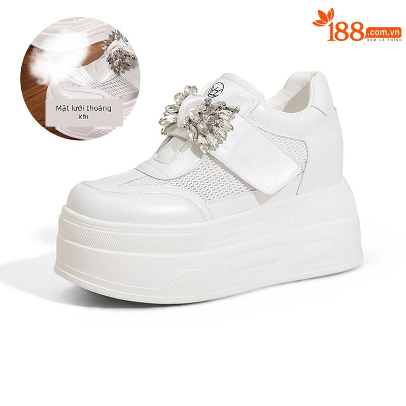 Giày sneaker nữ đế dày chunky trắng phối đá rhinestone, form hầm hố, tăng chiều cao — Trắng, Xám