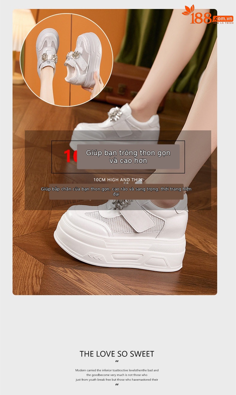 Giày sneaker nữ đế dày chunky trắng phối đá rhinestone, form hầm hố, tăng chiều cao — Trắng, Xám chi tiết 7