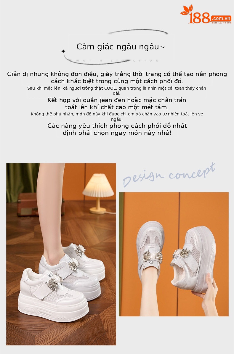 Giày sneaker nữ đế dày chunky trắng phối đá rhinestone, form hầm hố, tăng chiều cao — Trắng, Xám chi tiết 2