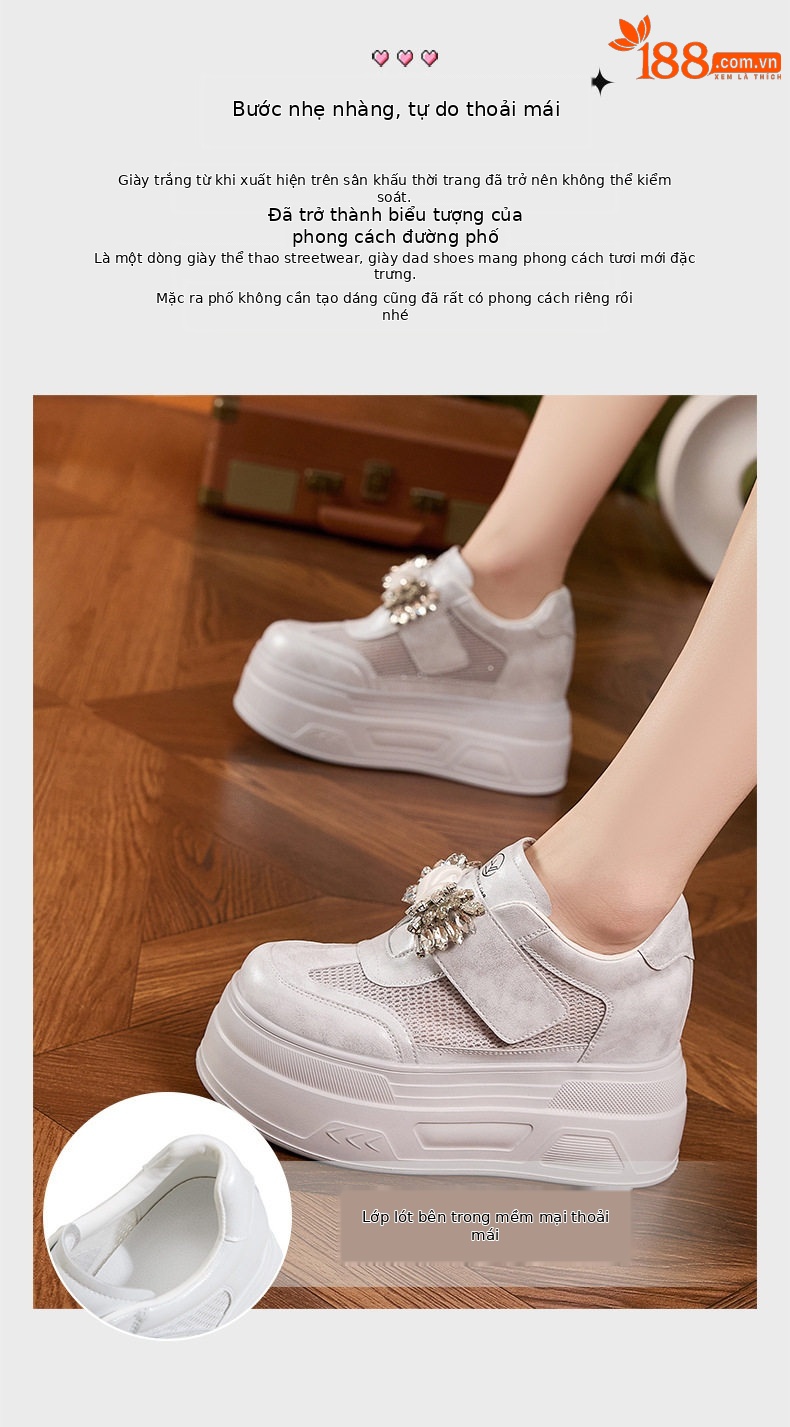 Giày sneaker nữ đế dày chunky trắng phối đá rhinestone, form hầm hố, tăng chiều cao — Trắng, Xám chi tiết 3