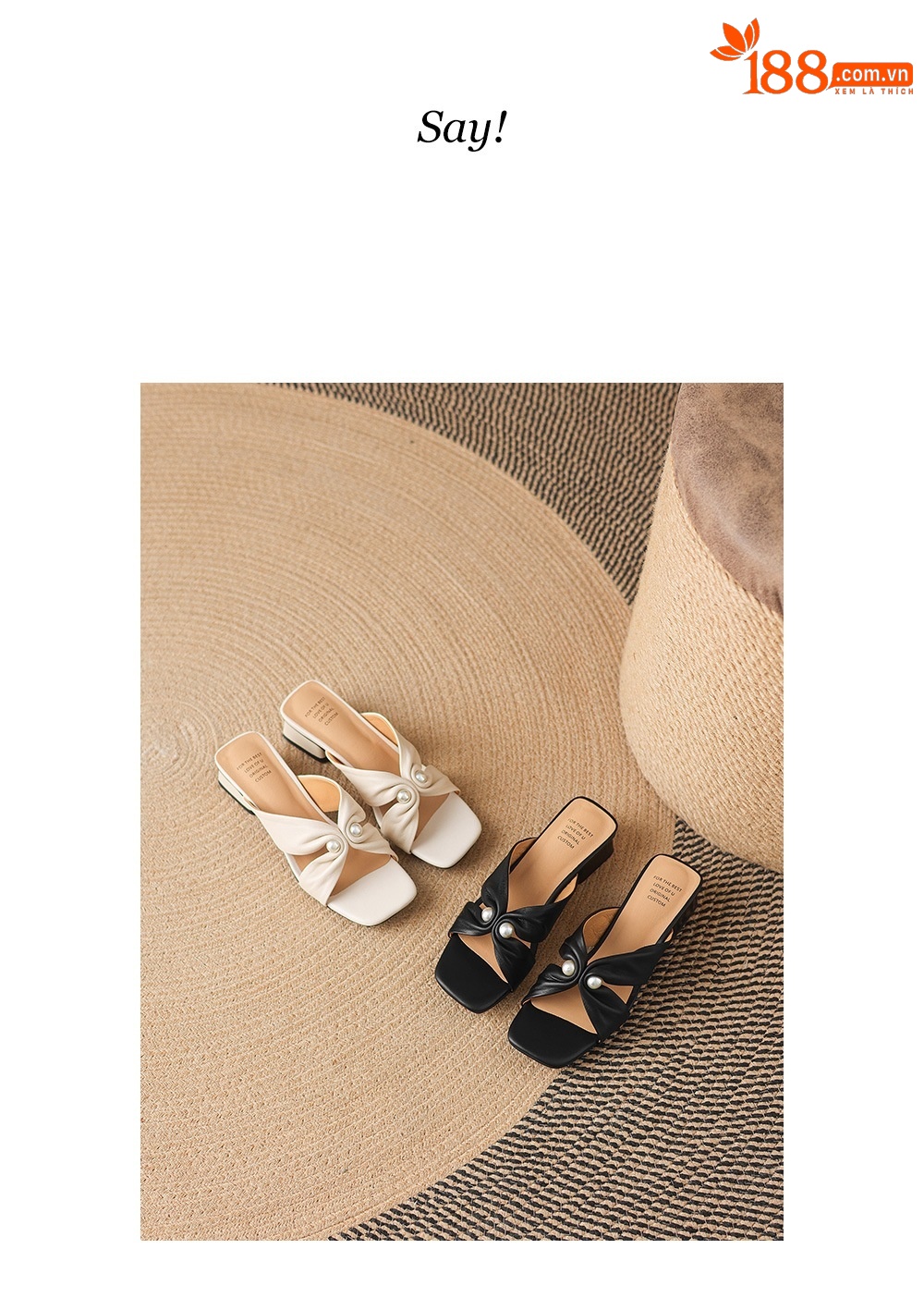 Dép sandal nữ mũi vuông hở ngón, da dê mềm, gót thấp, nơ bướm ngọc trai — đen chi tiết 5