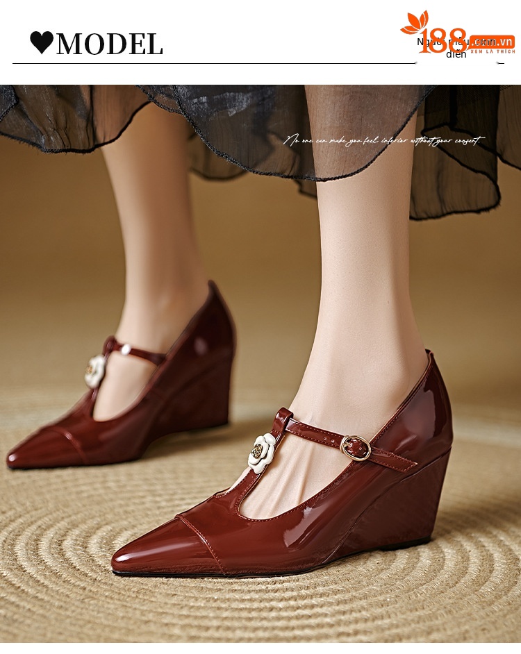 Giày cao gót mũi nhọn Mary Jane quai chữ T đính hoa sơn trà, gót 7 cm — màu đen, Rượu vang đỏ chi tiết 8