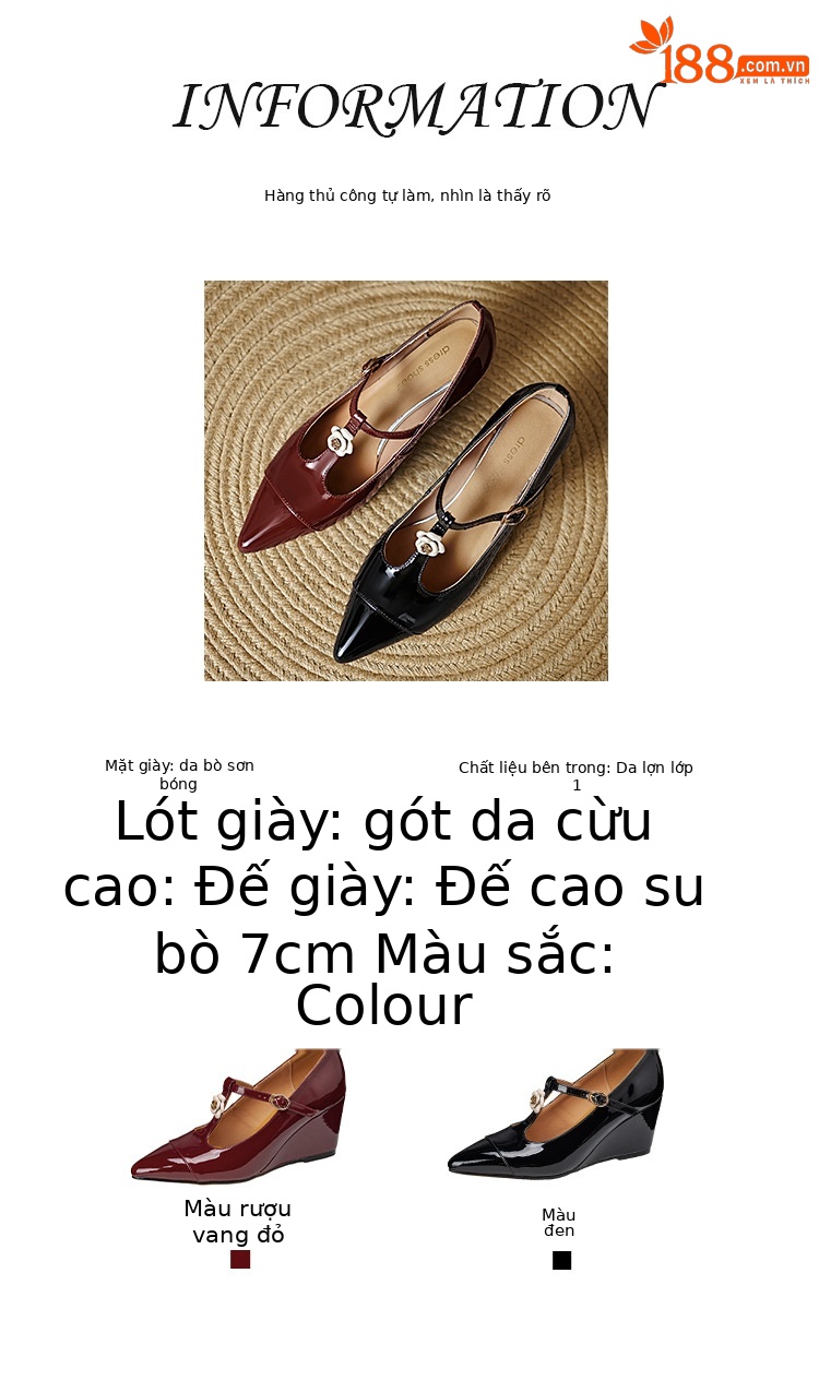 Giày cao gót mũi nhọn Mary Jane quai chữ T đính hoa sơn trà, gót 7 cm — màu đen, Rượu vang đỏ chi tiết 2