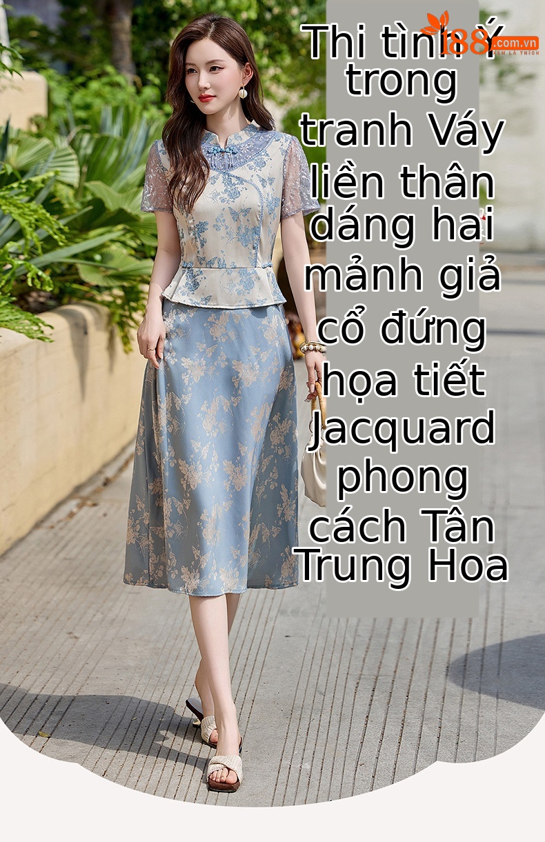Đầm maxi nữ tân cổ điển cổ đứng đính hạt cườm, phối ren, họa tiết jacquard, thiết kế giả hai lớp LX2625 — xanh lam, Màu hồng chi tiết 1