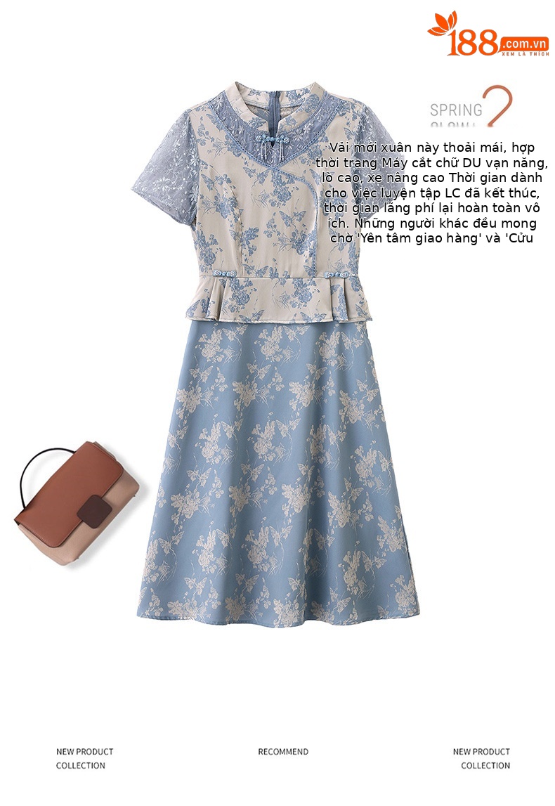 Đầm maxi nữ tân cổ điển cổ đứng đính hạt cườm, phối ren, họa tiết jacquard, thiết kế giả hai lớp LX2625 — xanh lam, Màu hồng chi tiết 4