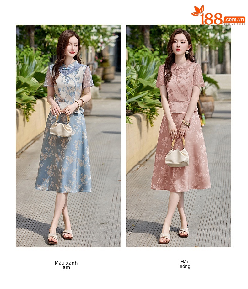 Đầm maxi nữ tân cổ điển cổ đứng đính hạt cườm, phối ren, họa tiết jacquard, thiết kế giả hai lớp LX2625 — xanh lam, Màu hồng chi tiết 5