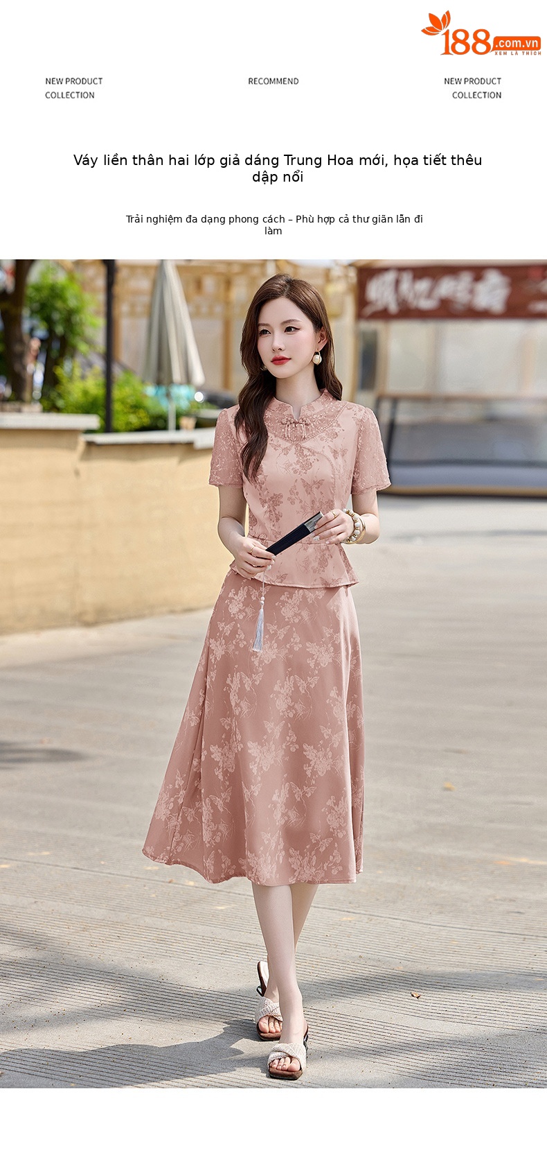 Đầm maxi nữ tân cổ điển cổ đứng đính hạt cườm, phối ren, họa tiết jacquard, thiết kế giả hai lớp LX2625 — xanh lam, Màu hồng chi tiết 6