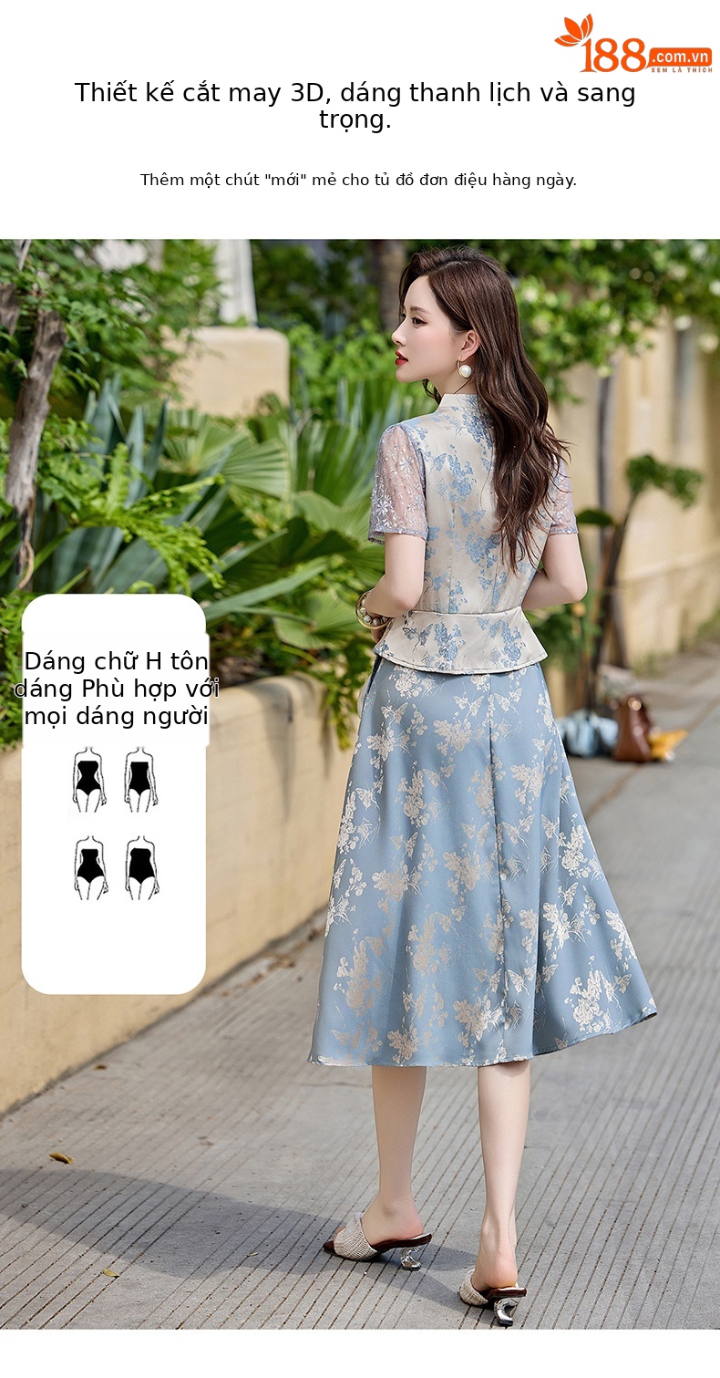 Đầm maxi nữ tân cổ điển cổ đứng đính hạt cườm, phối ren, họa tiết jacquard, thiết kế giả hai lớp LX2625 — xanh lam, Màu hồng chi tiết 9