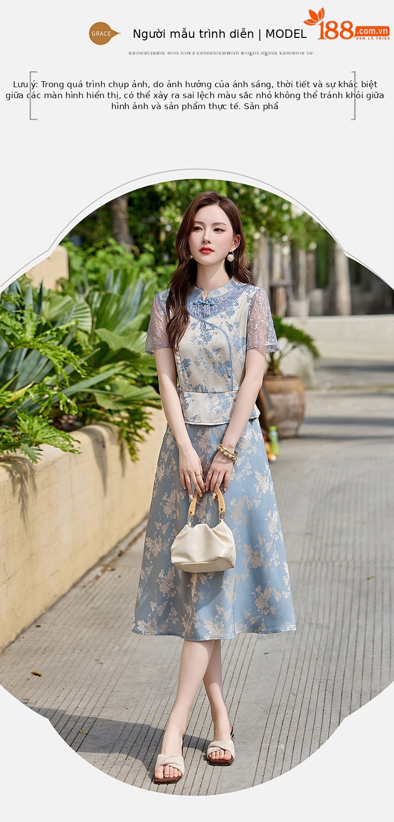 Đầm maxi nữ tân cổ điển cổ đứng đính hạt cườm, phối ren, họa tiết jacquard, thiết kế giả hai lớp LX2625 — xanh lam, Màu hồng chi tiết 12