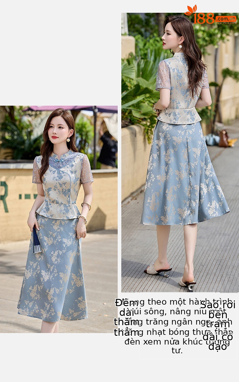 Đầm maxi nữ tân cổ điển cổ đứng đính hạt cườm, phối ren, họa tiết jacquard, thiết kế giả hai lớp LX2625 — xanh lam, Màu hồng chi tiết 15