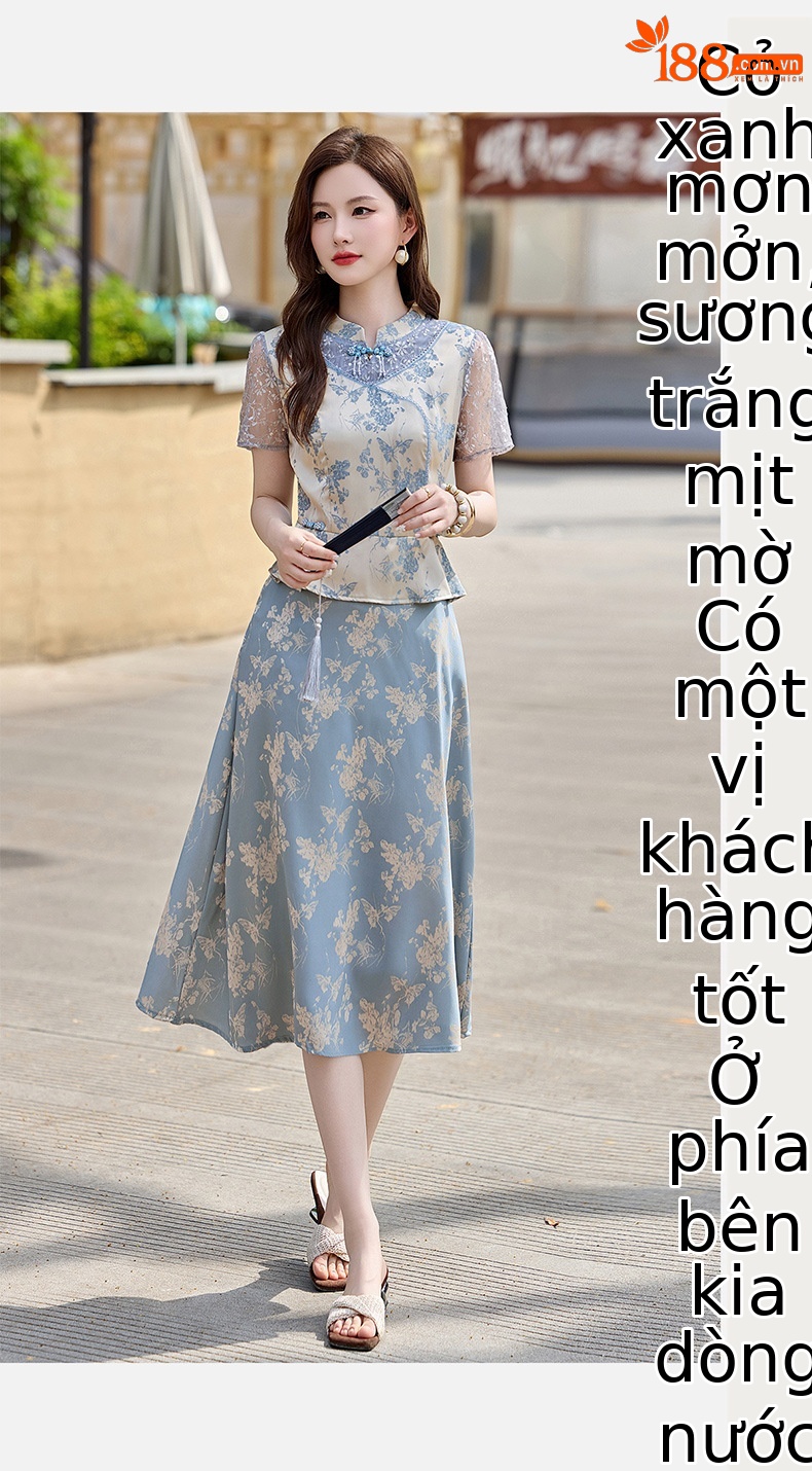 Đầm maxi nữ tân cổ điển cổ đứng đính hạt cườm, phối ren, họa tiết jacquard, thiết kế giả hai lớp LX2625 — xanh lam, Màu hồng chi tiết 17