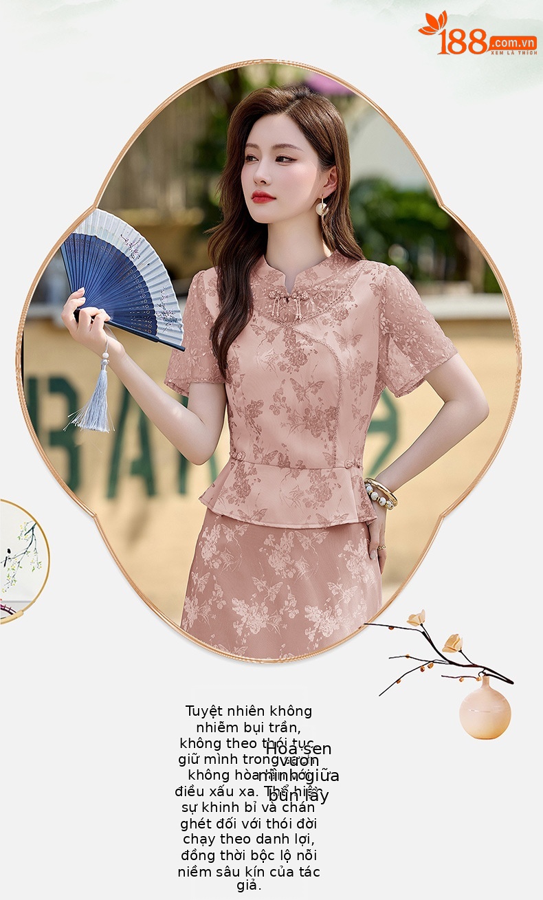 Đầm maxi nữ tân cổ điển cổ đứng đính hạt cườm, phối ren, họa tiết jacquard, thiết kế giả hai lớp LX2625 — xanh lam, Màu hồng chi tiết 21
