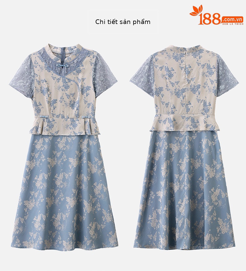 Đầm maxi nữ tân cổ điển cổ đứng đính hạt cườm, phối ren, họa tiết jacquard, thiết kế giả hai lớp LX2625 — xanh lam, Màu hồng chi tiết 26