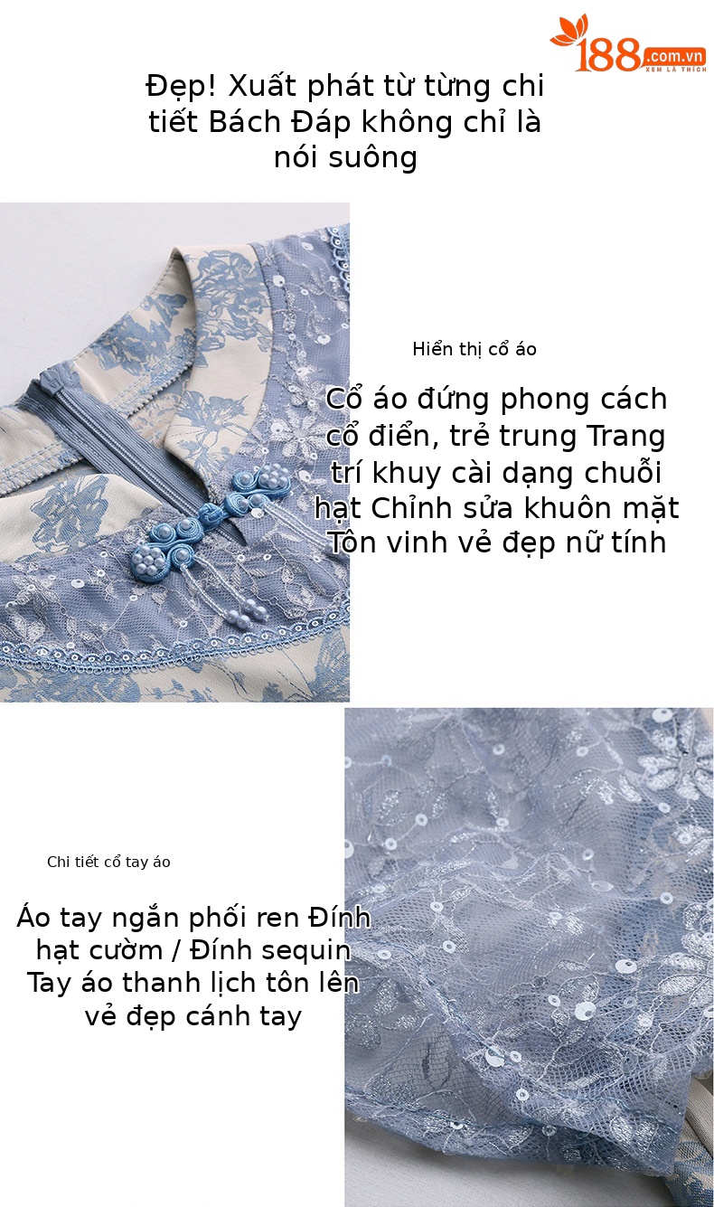 Đầm maxi nữ tân cổ điển cổ đứng đính hạt cườm, phối ren, họa tiết jacquard, thiết kế giả hai lớp LX2625 — xanh lam, Màu hồng chi tiết 7