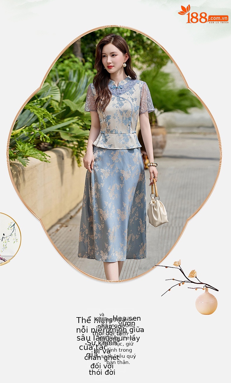 Đầm maxi nữ tân cổ điển cổ đứng đính hạt cườm, phối ren, họa tiết jacquard, thiết kế giả hai lớp LX2625 — xanh lam, Màu hồng chi tiết 14