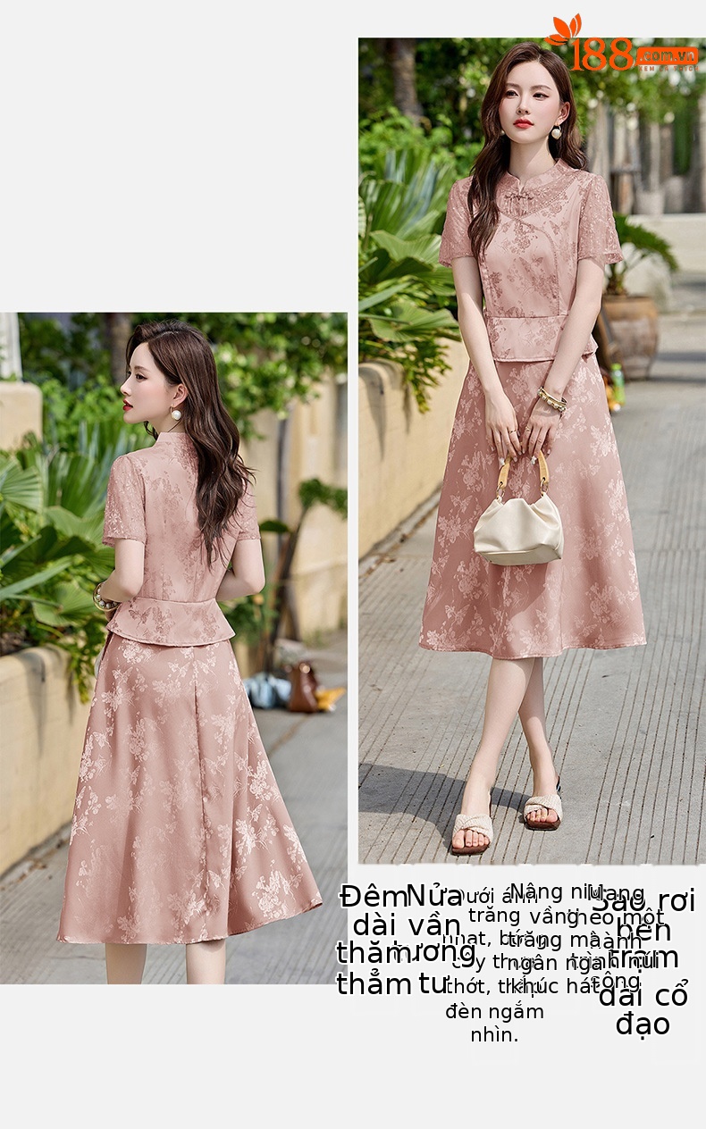 Đầm maxi nữ tân cổ điển cổ đứng đính hạt cườm, phối ren, họa tiết jacquard, thiết kế giả hai lớp LX2625 — xanh lam, Màu hồng chi tiết 22