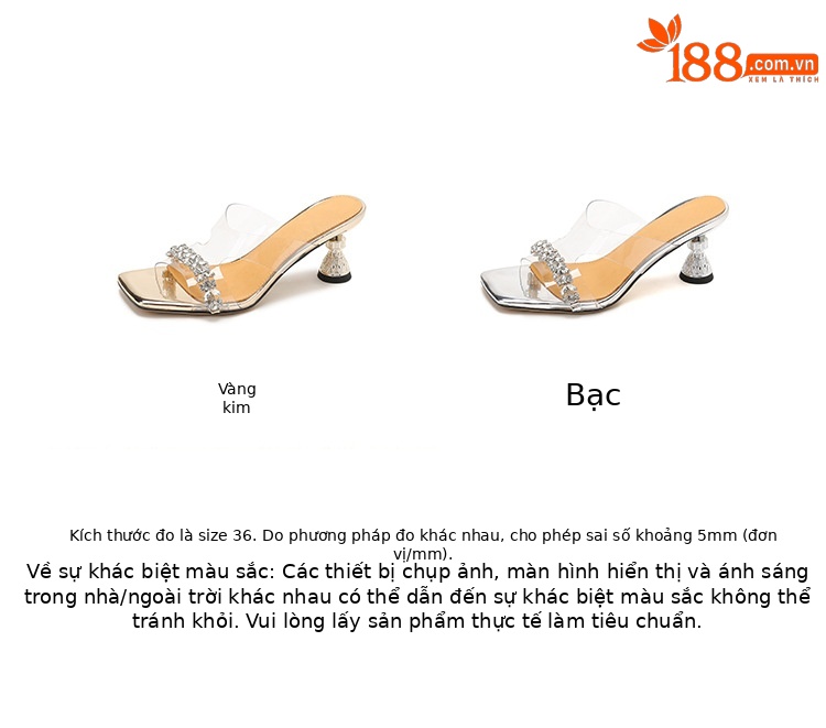 Sandal cao gót nữ mũi vuông PVC trong suốt đính đá gót thấp — màu vàng, bạc chi tiết 4