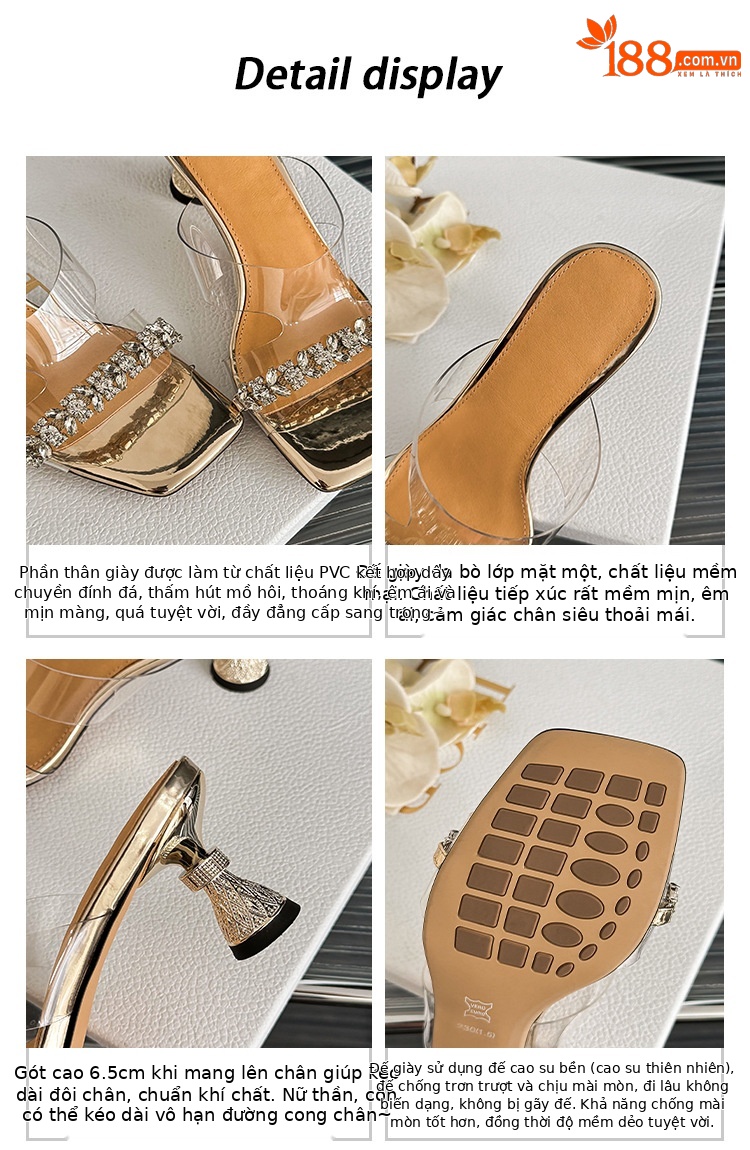 Sandal cao gót nữ mũi vuông PVC trong suốt đính đá gót thấp — màu vàng, bạc chi tiết 5
