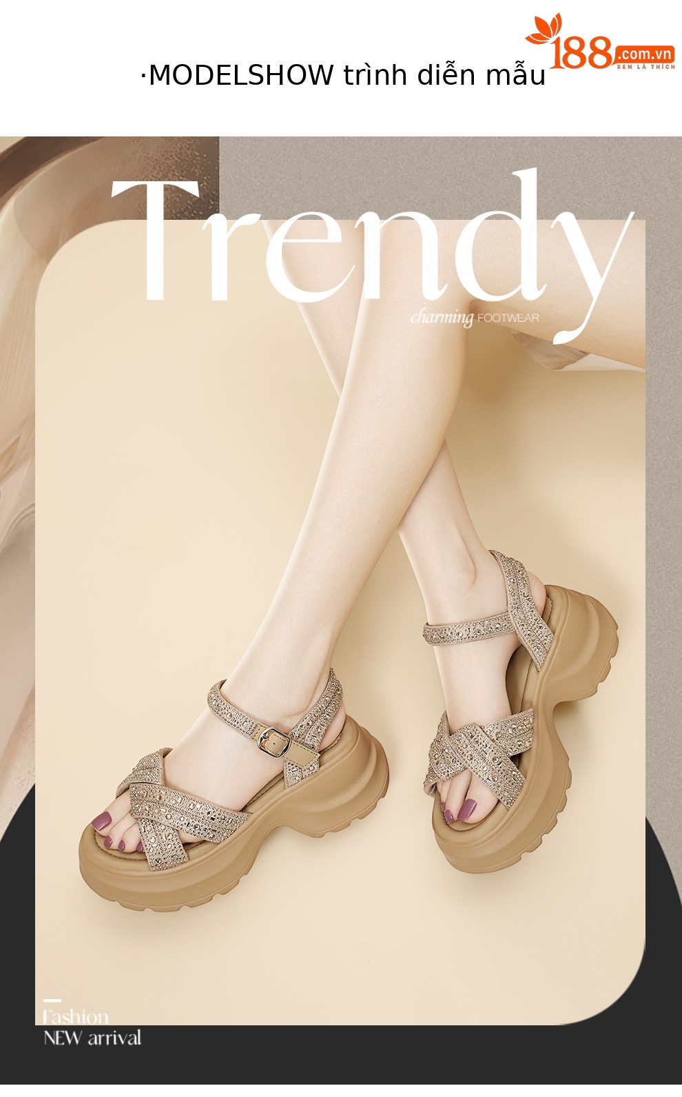 Sandal cao gót nữ đế dày platform quai chéo đính đá hở mũi — 6165 Hạnh Phúc, 6165 Da đen chi tiết 4