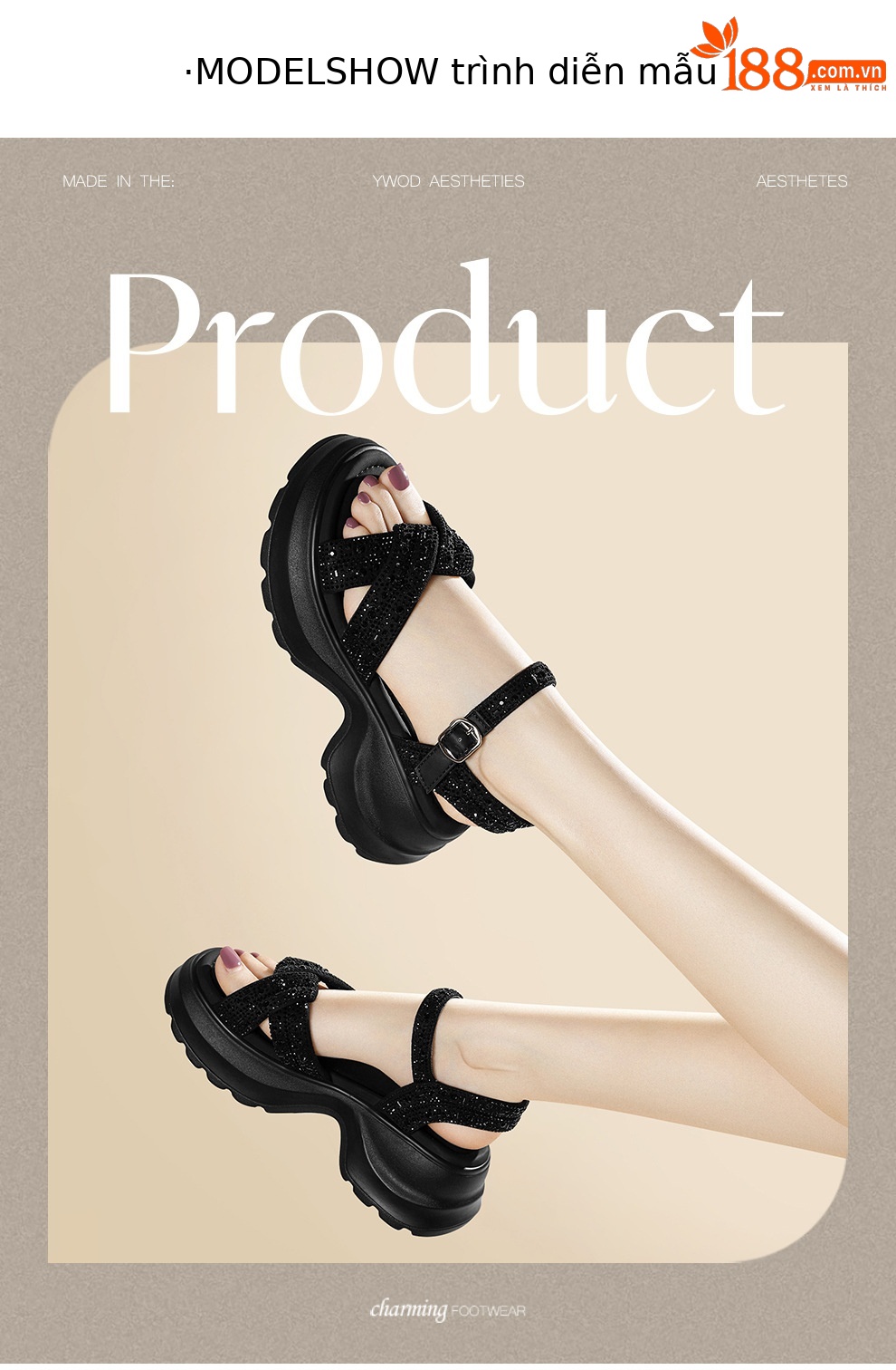 Sandal cao gót nữ đế dày platform quai chéo đính đá hở mũi — 6165 Hạnh Phúc, 6165 Da đen chi tiết 5