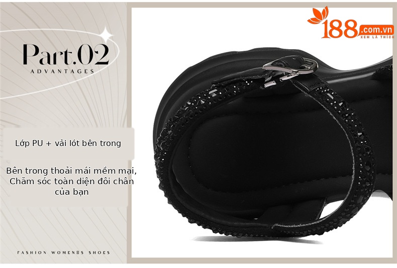 Sandal cao gót nữ đế dày platform quai chéo đính đá hở mũi — 6165 Hạnh Phúc, 6165 Da đen chi tiết 8