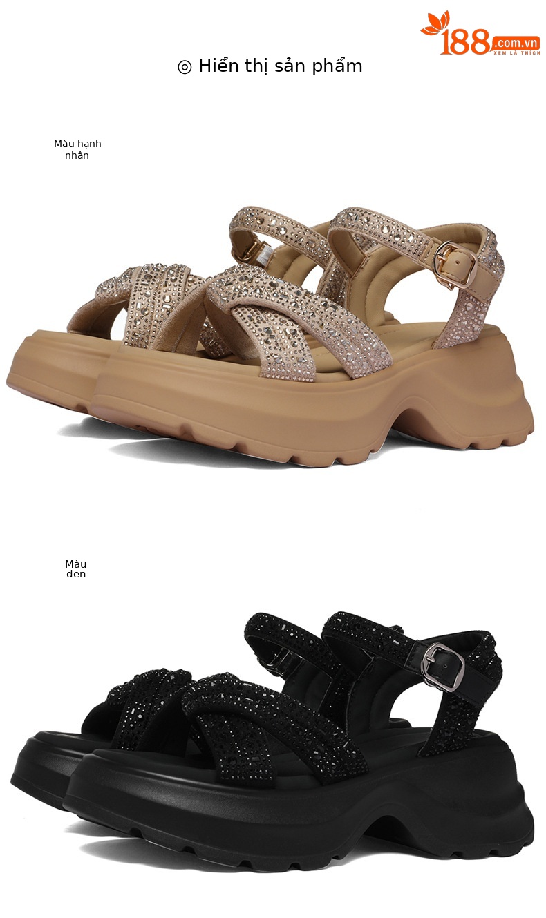 Sandal cao gót nữ đế dày platform quai chéo đính đá hở mũi — 6165 Hạnh Phúc, 6165 Da đen chi tiết 9