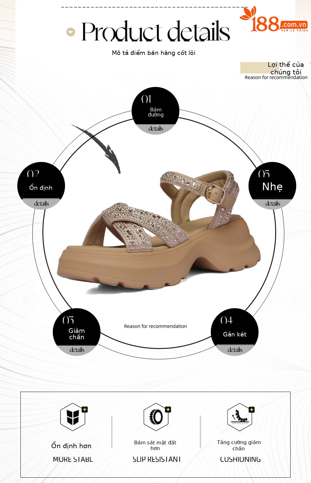 Sandal cao gót nữ đế dày platform quai chéo đính đá hở mũi — 6165 Hạnh Phúc, 6165 Da đen chi tiết 3
