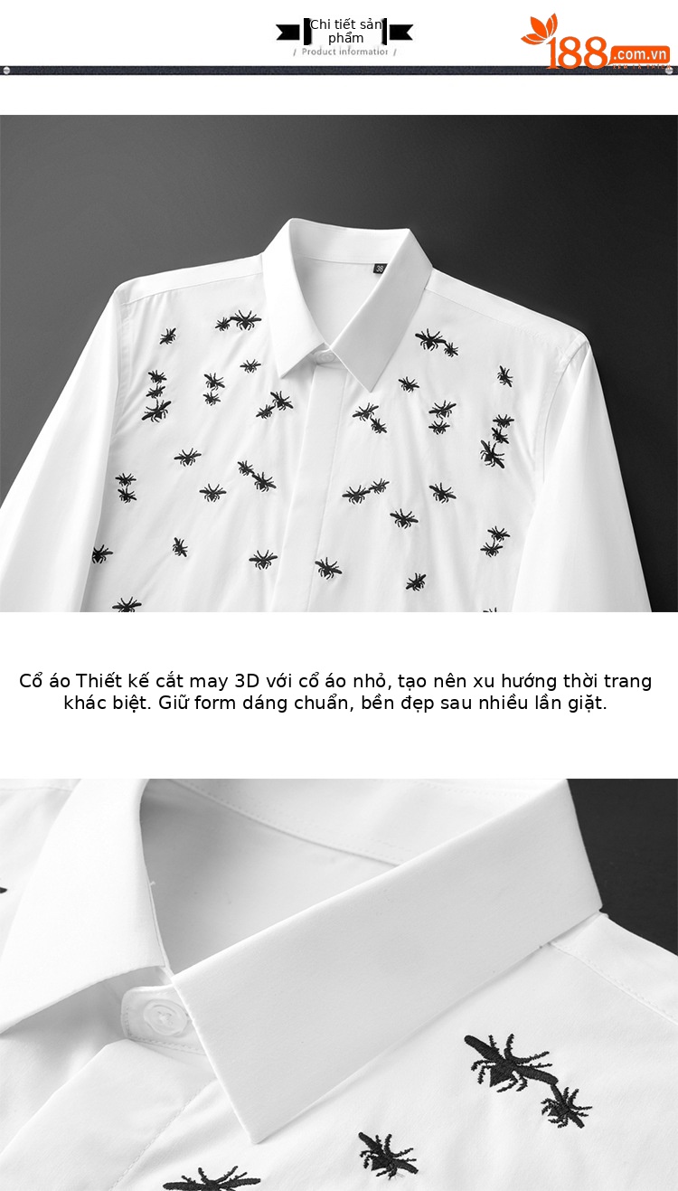 Áo sơ mi nam dài tay cotton thêu chữ thập ong cổ điển — Đen, Trắng chi tiết 10