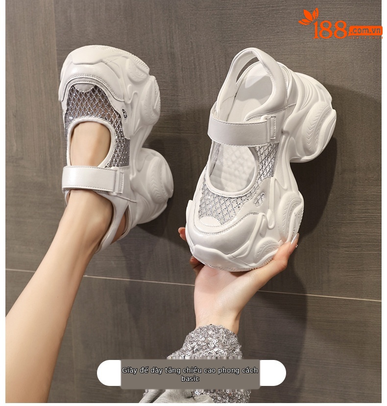 Sandal đế dày tăng chiều cao dáng giày thể thao nữ 2026 — màu trắng, bạc chi tiết 1