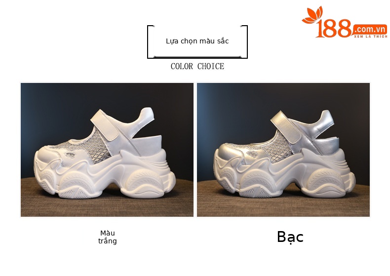 Sandal đế dày tăng chiều cao dáng giày thể thao nữ 2026 — màu trắng, bạc chi tiết 2
