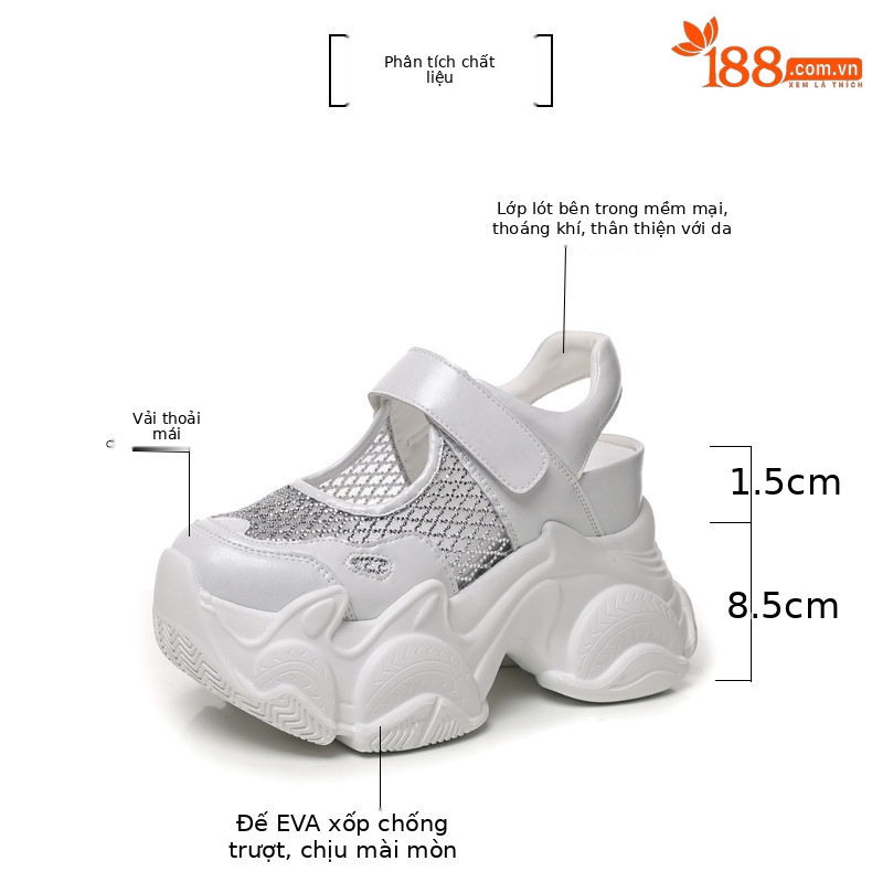 Sandal đế dày tăng chiều cao dáng giày thể thao nữ 2026 — màu trắng, bạc chi tiết 3