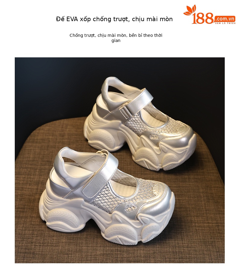 Sandal đế dày tăng chiều cao dáng giày thể thao nữ 2026 — màu trắng, bạc chi tiết 10