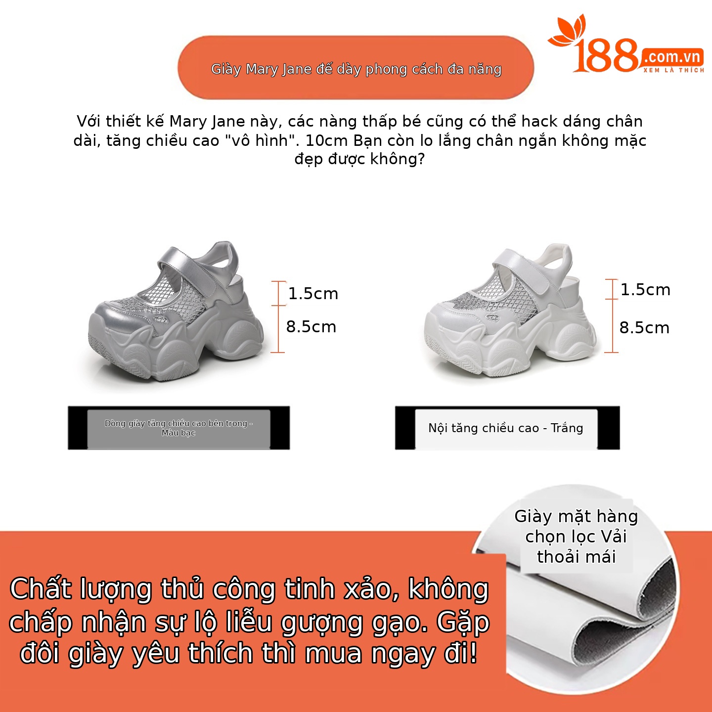 Sandal đế dày tăng chiều cao dáng giày thể thao nữ 2026 — màu trắng, bạc