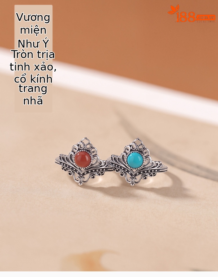 Nhẫn nữ bạc S925 đính đá mã não đỏ và ngọc lam, kiểu vương miện cổ điển, dạng mở điều chỉnh — Ngọc lam chi tiết 1