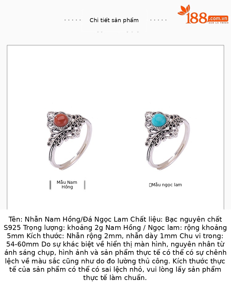 Nhẫn nữ bạc S925 đính đá mã não đỏ và ngọc lam, kiểu vương miện cổ điển, dạng mở điều chỉnh — Ngọc lam chi tiết 2