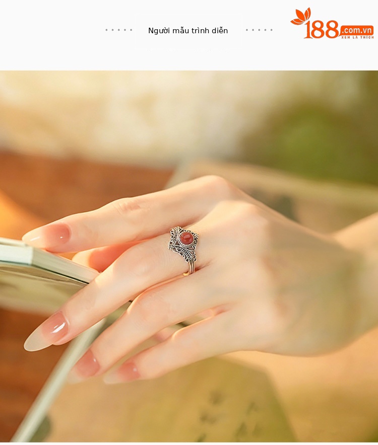 Nhẫn nữ bạc S925 đính đá mã não đỏ và ngọc lam, kiểu vương miện cổ điển, dạng mở điều chỉnh — Ngọc lam chi tiết 6
