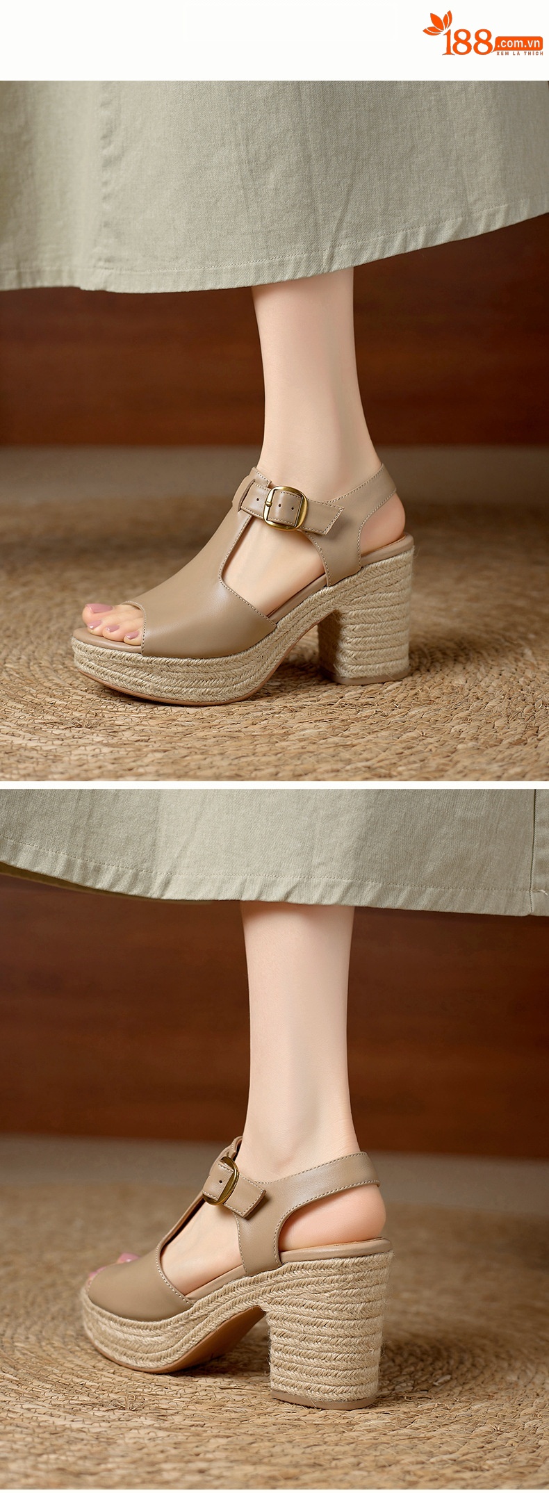 Sandal cao gót nữ hở mũi đế dày 8.5 cm quai chữ T phối đế cói vintage — đen chi tiết 11