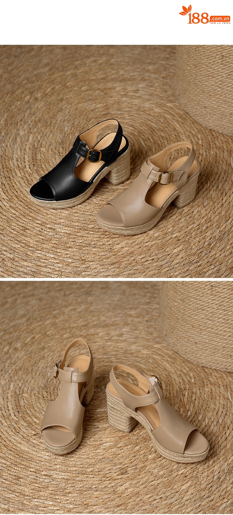 Sandal cao gót nữ hở mũi đế dày 8.5 cm quai chữ T phối đế cói vintage — đen chi tiết 12