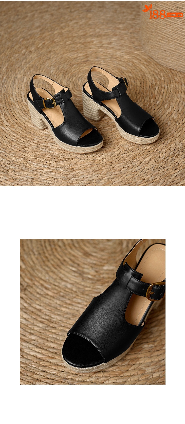 Sandal cao gót nữ hở mũi đế dày 8.5 cm quai chữ T phối đế cói vintage — đen chi tiết 14