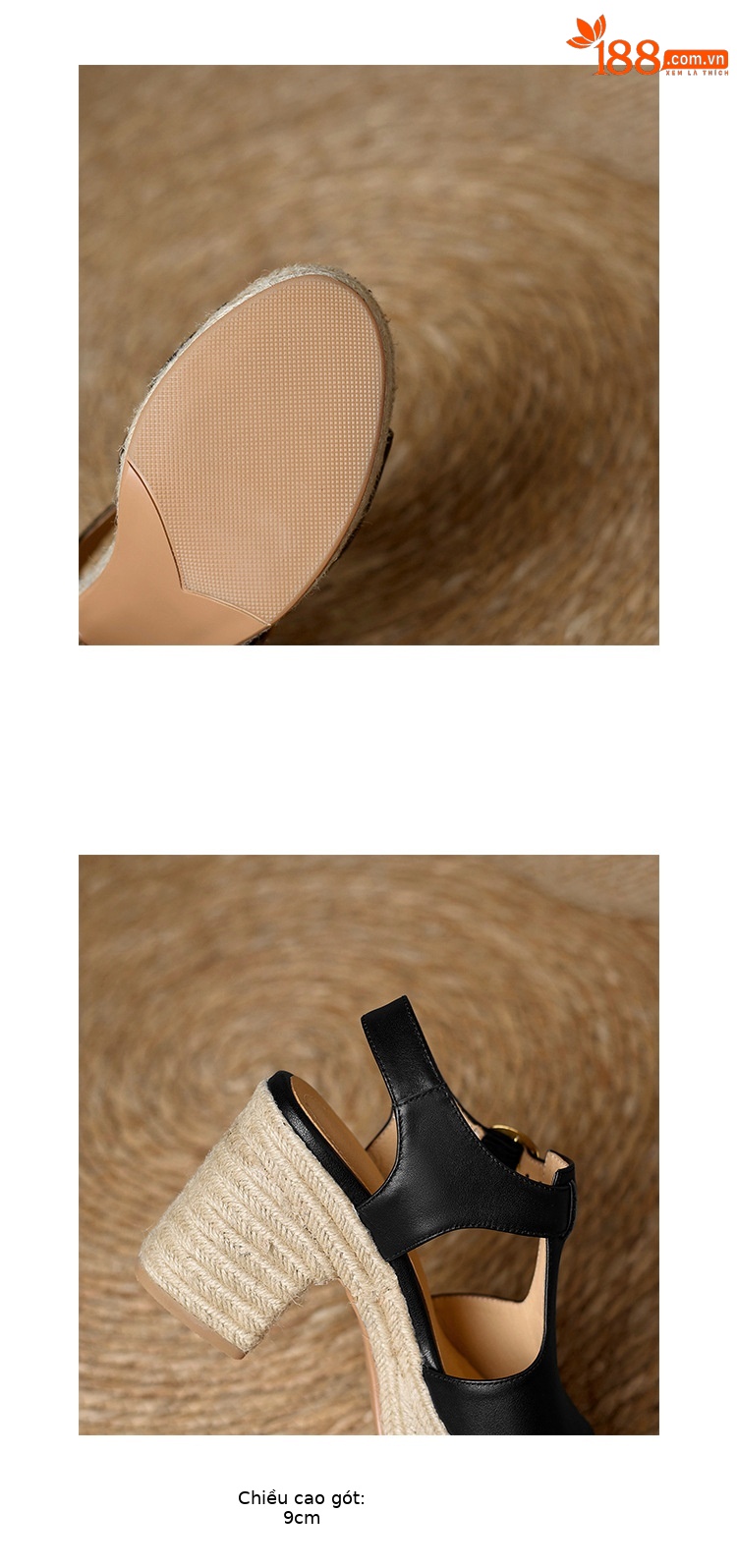 Sandal cao gót nữ hở mũi đế dày 8.5 cm quai chữ T phối đế cói vintage — đen chi tiết 15