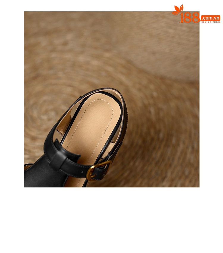 Sandal cao gót nữ hở mũi đế dày 8.5 cm quai chữ T phối đế cói vintage — đen chi tiết 16