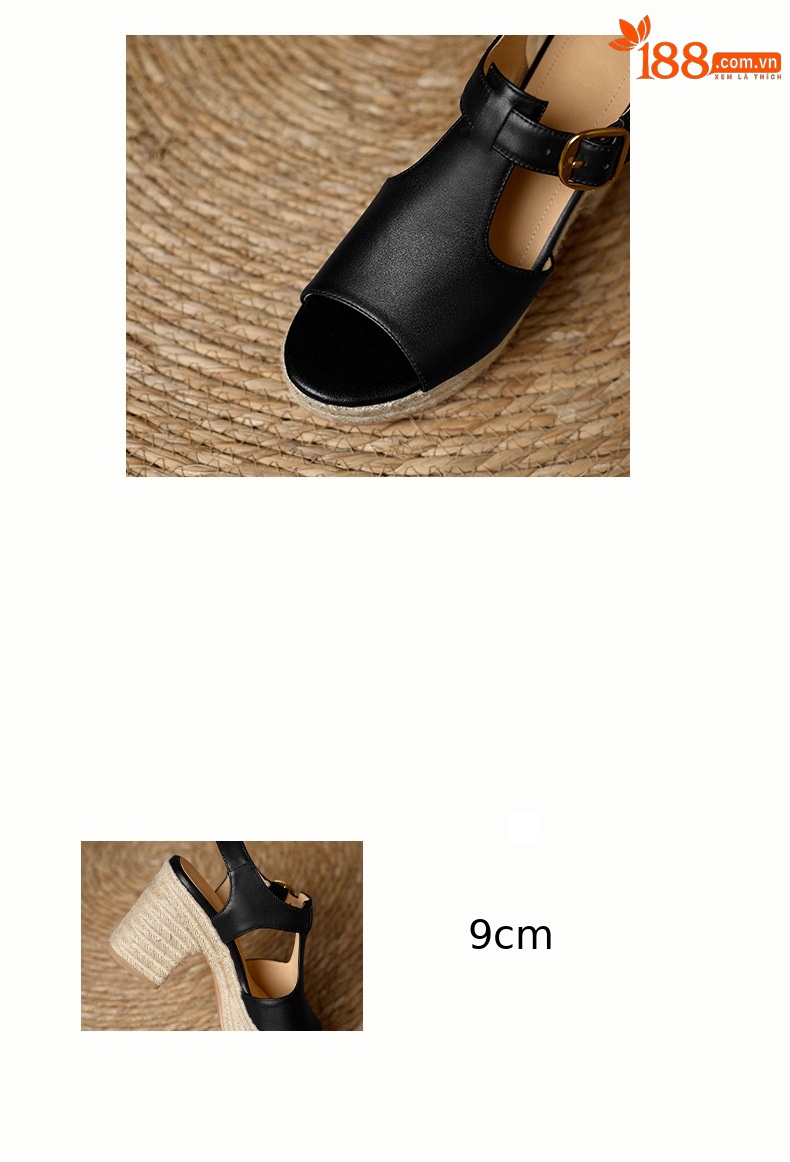 Sandal cao gót nữ hở mũi đế dày 8.5 cm quai chữ T phối đế cói vintage — đen chi tiết 3