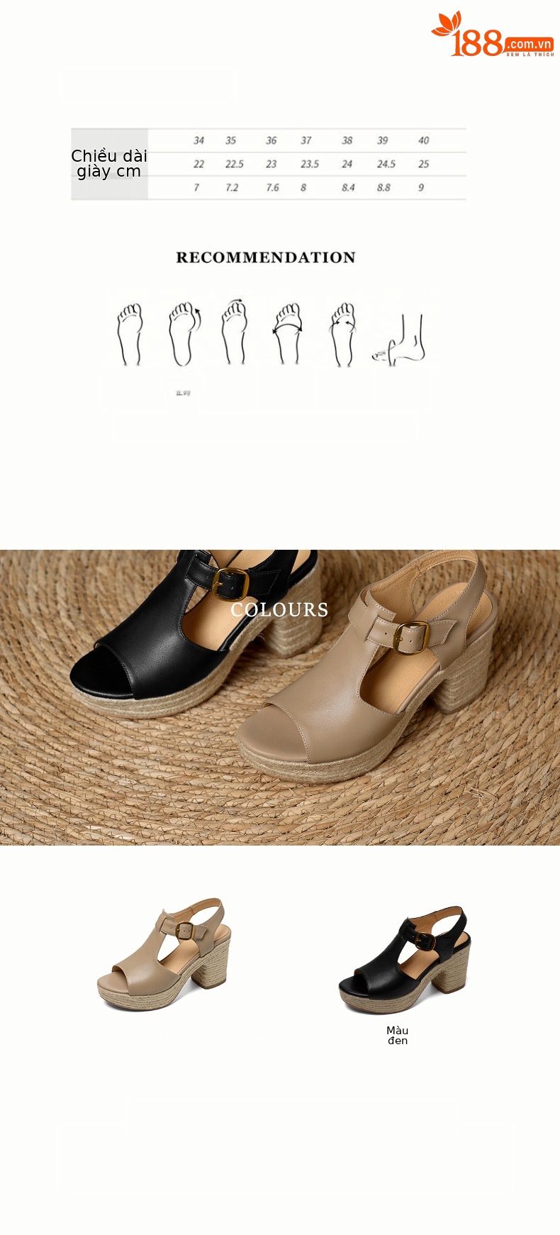 Sandal cao gót nữ hở mũi đế dày 8.5 cm quai chữ T phối đế cói vintage — đen chi tiết 4