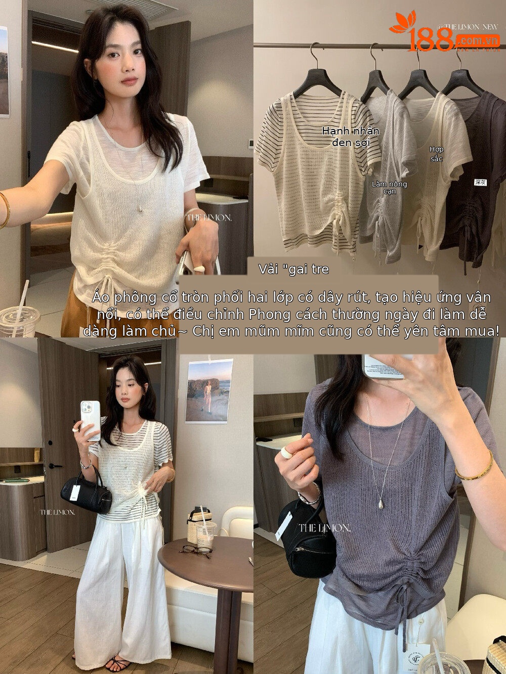 Áo thun nữ tay ngắn cổ tròn sọc kẻ phối ren giả hai lớp chất liệu tre gai thoáng mát — xám đậm, xám nhạt, Hạnh đen sọc, màu mơ chi tiết 16
