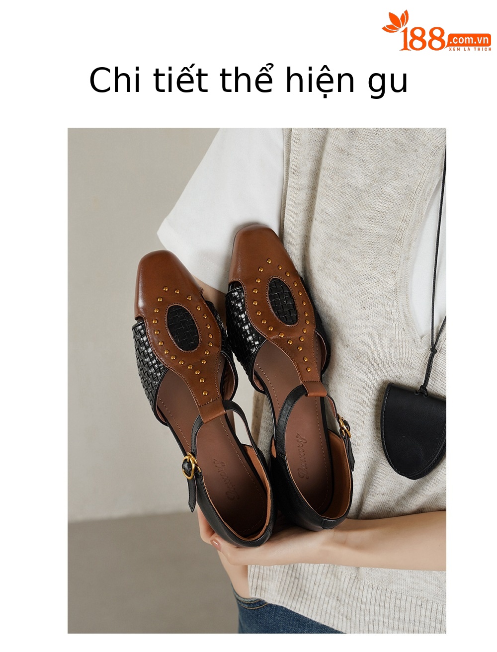 Sandal nữ mũi nhọn gót thấp da bò đinh tán phong cách La Mã — đen chi tiết 3