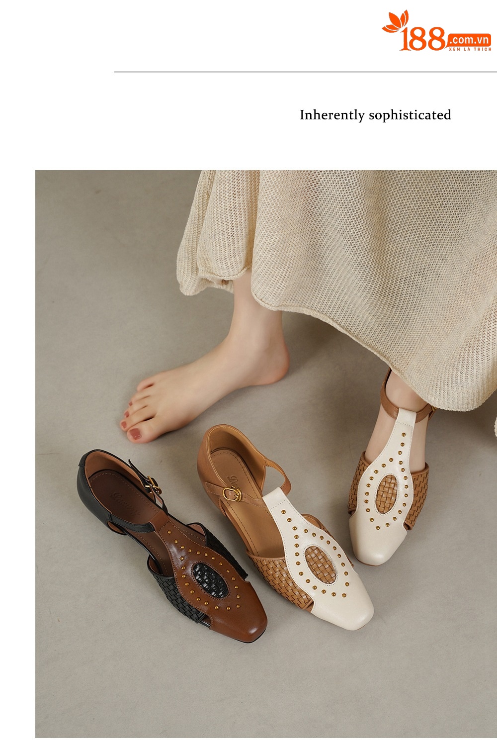 Sandal nữ mũi nhọn gót thấp da bò đinh tán phong cách La Mã — đen chi tiết 5