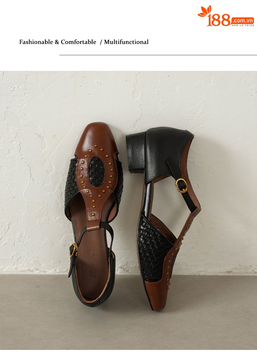 Sandal nữ mũi nhọn gót thấp da bò đinh tán phong cách La Mã — đen chi tiết 13