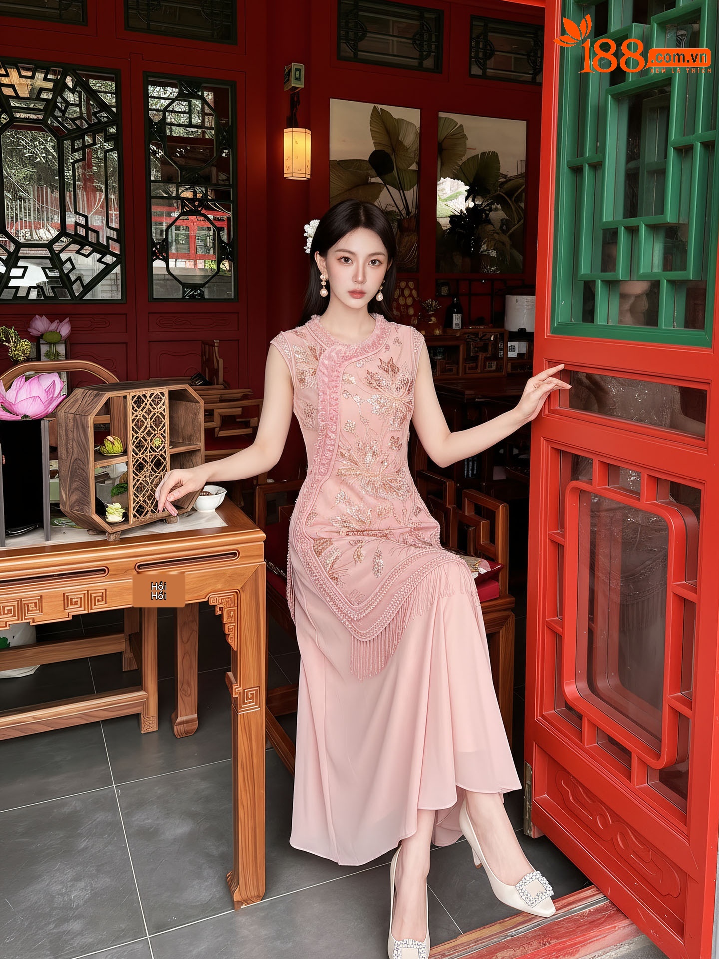 Đầm maxi nữ thắt eo thiết kế hoa nổi thêu ren cao cấp — màu hồng