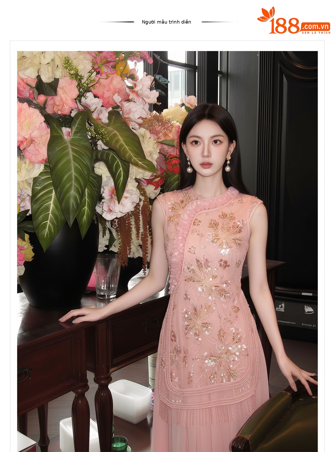 Đầm maxi nữ thắt eo thiết kế hoa nổi thêu ren cao cấp — màu hồng chi tiết 1