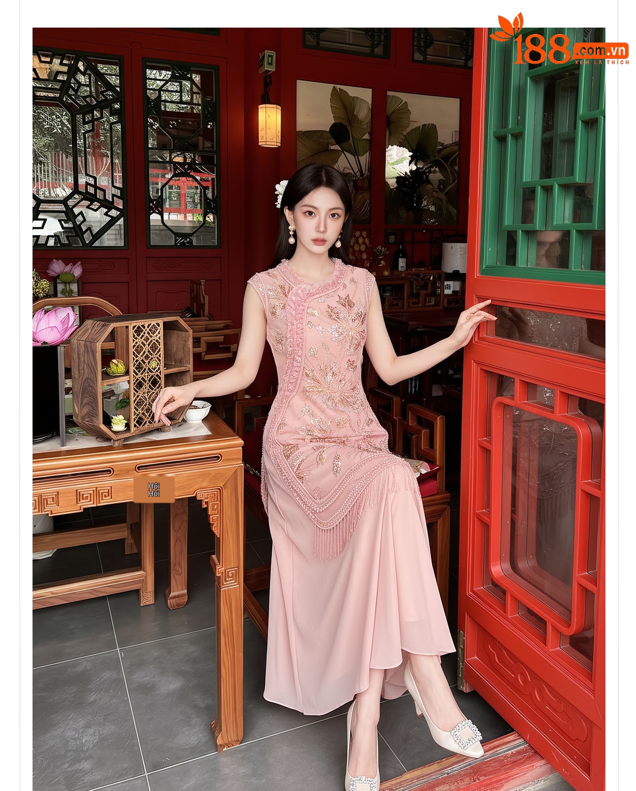 Đầm maxi nữ thắt eo thiết kế hoa nổi thêu ren cao cấp — màu hồng chi tiết 3
